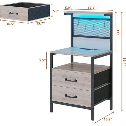 Nightstand, Bedside Table, Side Table, Shelves w/ Hooks