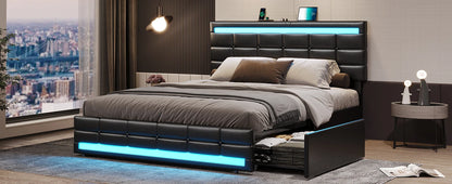 Leather Platform Bed ,LED Bed Frame Queen Size