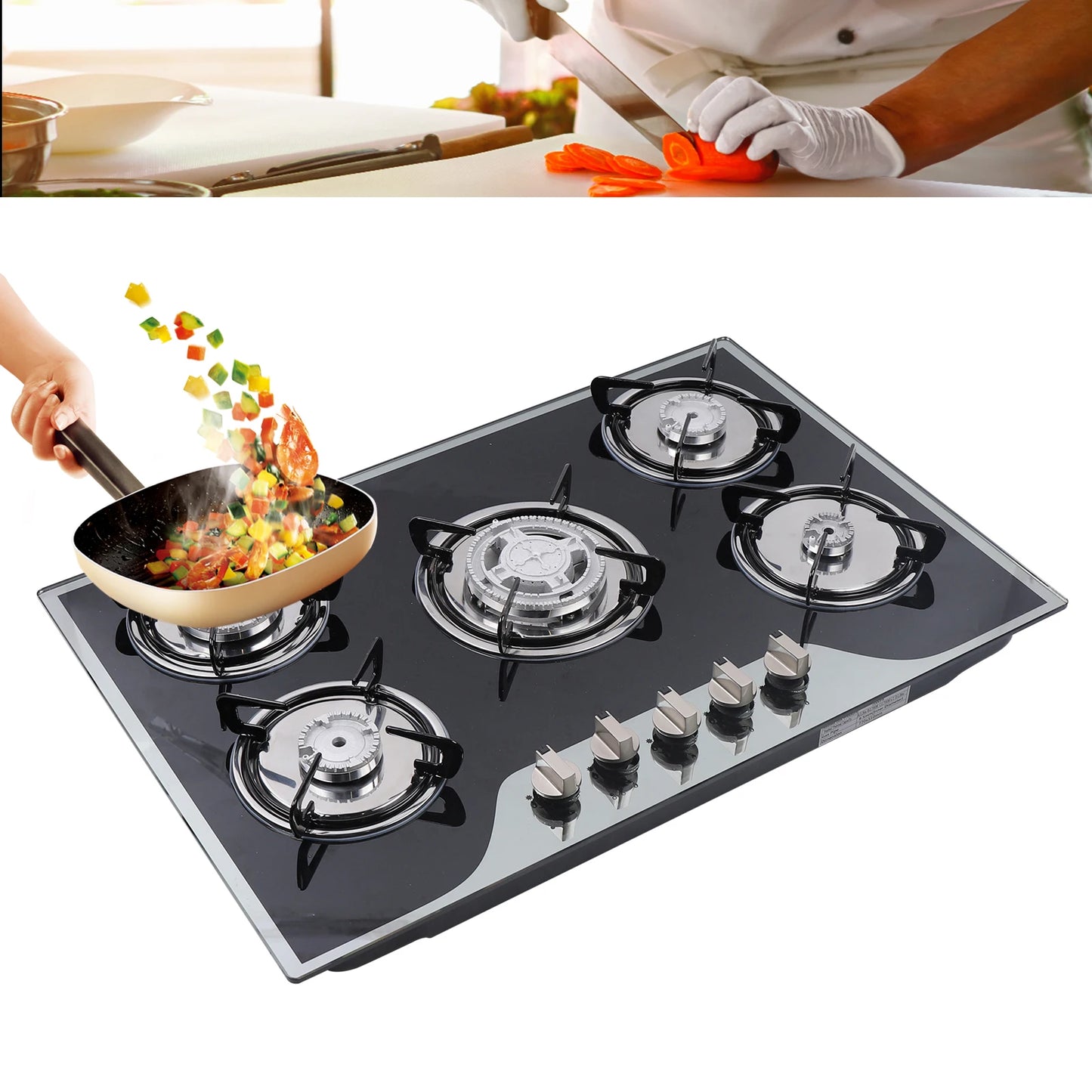 Gas Cooktop Built-in 5 Burner Stove, Tempered Glass