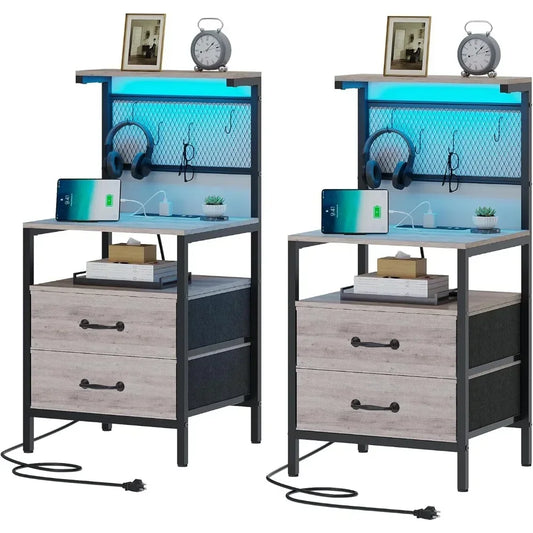 Nightstand, Bedside Table, Side Table, Shelves w/ Hooks