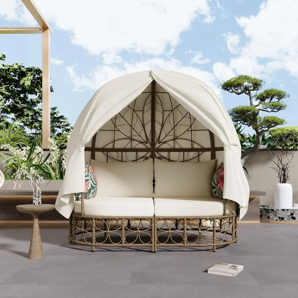 Wicker Patio Daybed w/ Curtain