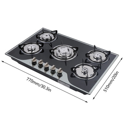 Gas Cooktop Built-in 5 Burner Stove, Tempered Glass