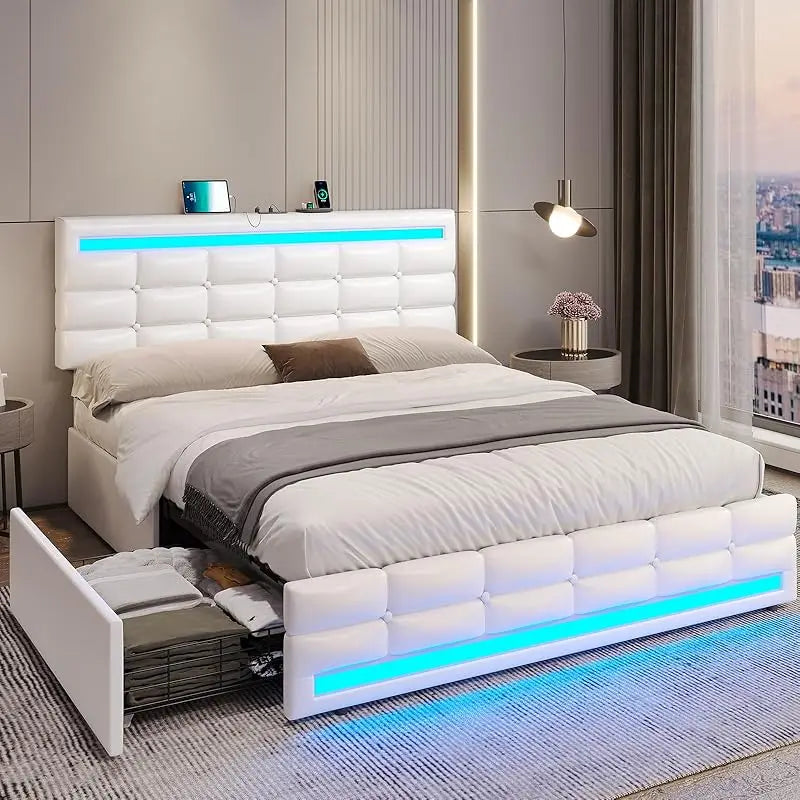 Leather Platform Bed ,LED Bed Frame Queen Size