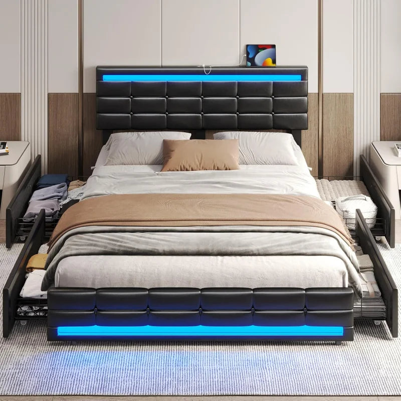 Leather Platform Bed ,LED Bed Frame Queen Size