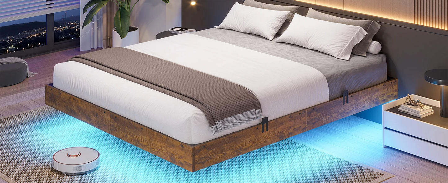 Leather Platform Bed ,LED Bed Frame Queen Size