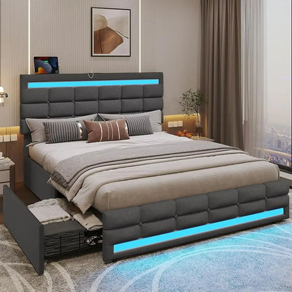 Leather Platform Bed ,LED Bed Frame Queen Size